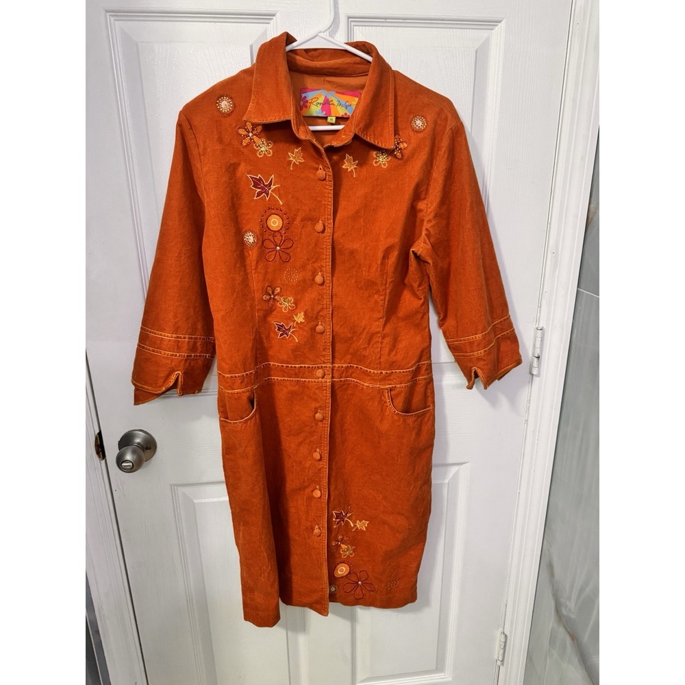 Rosalita McGee Women's Orange Corduroy Embroidered Button Front Floral Dress M